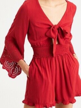 AE 70s Style Flare Sleeve Tie-front Red Eyelet Smocked Romper, Size S